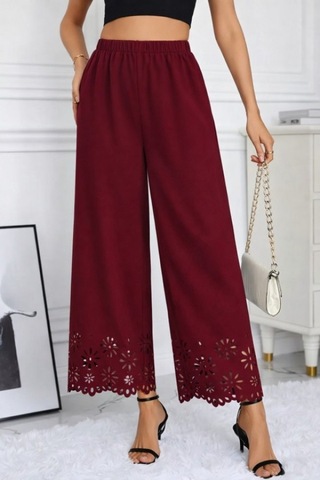 Efnaz Style Kadın Yüksel Bel Beli Lastıklı Çiçek Desenli Lazer Kesım Detaylı Ithal Krep Pantolon Bordo