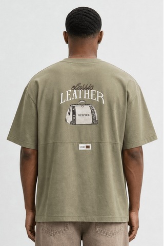 Respire Erkek Leather Baskılı Oversize T-shirt Haki