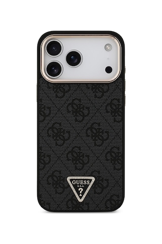 Apple Uyumlu iPhone 17 Pro Max Kılıf Guess Lisanslı M-safeli Taşlı Üçgen Logo 4g Desenli Kapak Siyah Siyah