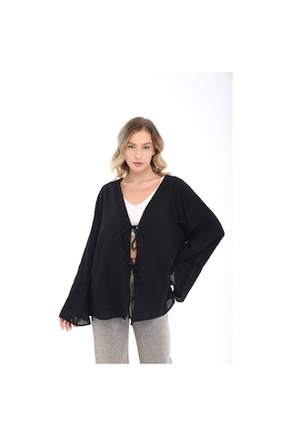 Blayn Jeans Blayn Kadın Keten Kimono Oversize Rahat Kalıp Yazlık Uzun Kollu Kimono Siyah