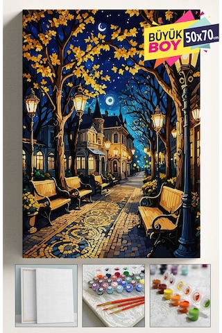 Sayılarla Boyama Seti Numaralı Tuval Fırça Boya Dahil Kasnaklı Set 50x70 Cm - Işıklı Yol