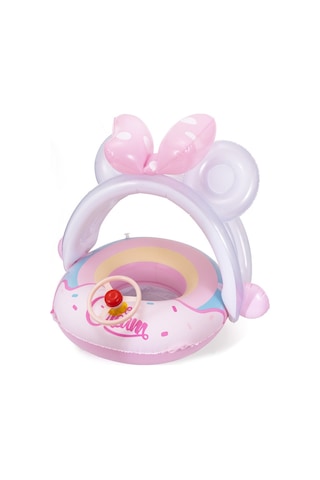 Sevimli Direksiyonlu Güneş Korumalı Plaj Havuz Deniz Bebek Yüzme Simidi 0-4 Yaş Pembe