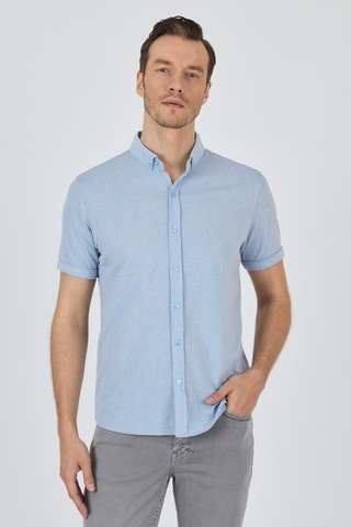 İmza Koyu Mavi Kısa Kol Düz Örme Düğmeli Yaka Cepsiz Pamuklu Classic Slim Fit Gömlek 1004250155 300 Koyu Mavi