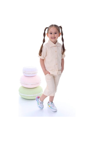 Kız Çocuk Desenli Gömlekli Takım-6366-Krem