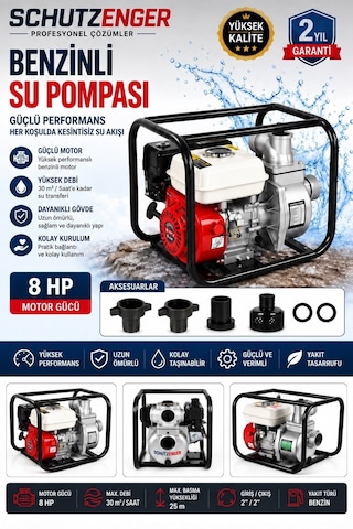 8 Hp 2 Inç Çıkışlı Benzinli Su Pompası 200 Mt Yatay Su Basar 4 Zamanlı Motor Turbo Güç Kırmızı 6011