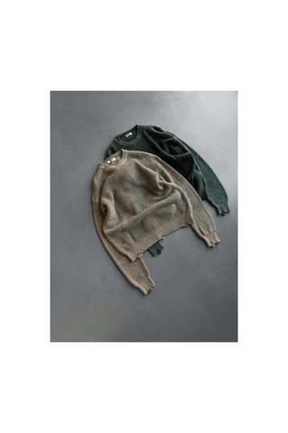 Elku Moda Oversize Eskitme Detaylı Yırtık Triko Kazak Vintage Yıkamalı Streetwear Knitwear Açık Bej