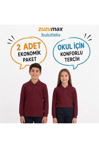 Bulutteks Okullu 2adet Polo Yaka Bordo Uzunkol Okul Tişört Kıyafetleri Üniforması Çocuk Genç