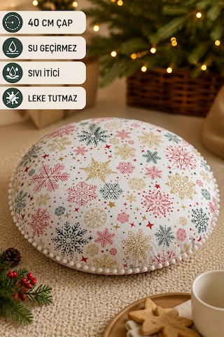 Yuvarlak Dekoratif Minder 40 Cm Yılbaşı Desenli Ponponlu Minder Su Geçirmez Sıvı İtici Leke Tutmaz Çok Renkli