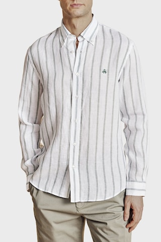 Brooks Brothers % 100 Keten Düğmeli Yaka Çizgili Gömlek Erkek Gömlek Bbss26msh013166 Yeşil-beyaz