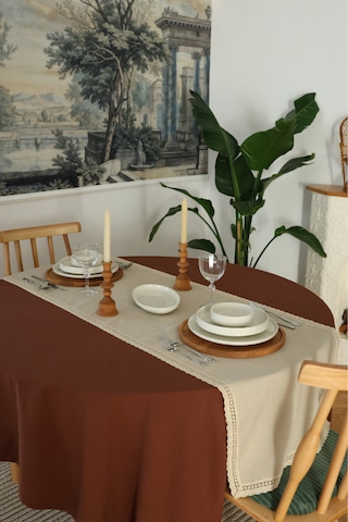 Yakacihome Elora Duck Keten Yıkanabilir Leke Tutmaz Cappuccino Kopenaki Dantel Detaylı Runner 40x140 Cm Krem