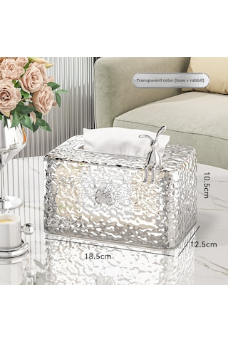 Reedark Ev Ofis Masaüstü Buz Desenli Şeffaf Plastik Mendil Kutusu - Tavşan Ve Bow Detaylı Ev Dekorasyonu Mendil Saklama Kutusu