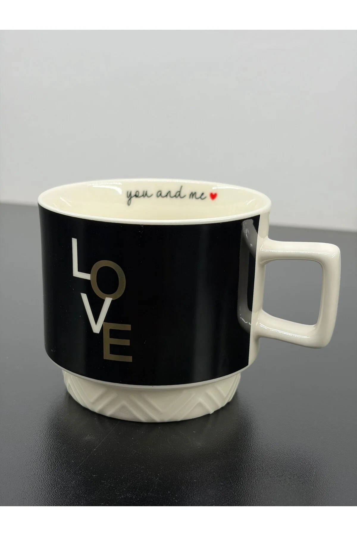 Acar Porselen Lüks Love Desenli Kahve Meşrubat Çay Bardağı Bardak Kupa 325ml Siyah