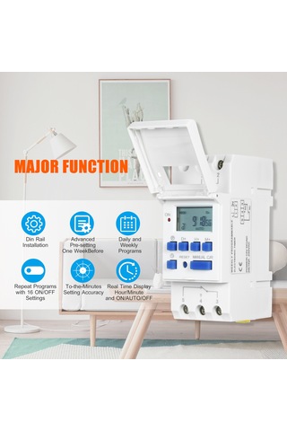 Konesam 16a Programlanabilir Mikroişlemci Zaman Kontrolörü, Dijital Ekranlı Zamanlayıcı, 12v, 16 Açma-kapama Ayarı, Pil Yedekli Beyaz