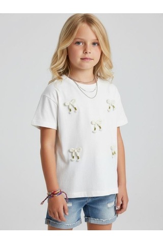Zekids Kız Çocuk Pamuklu Fiyonk Detaylı T-shirt-16760 Ekru