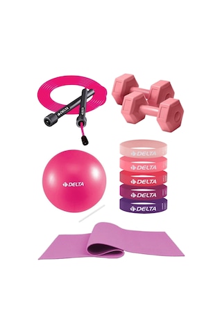 Pilates Egzersiz Seti 6 Mm Mat 5 Li Lateks Direnç Bandı 20 Cm Top Atlama İpi 1 Kg X2 Dambıl Pembe