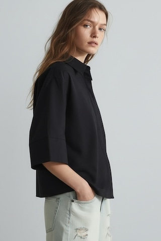 Feg Store Siyah Yarasa Kol Duble Manşetli Modal Oversize Gömlek