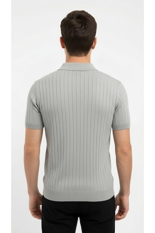 Erkek Polo Yaka Slim Fit Triko Tişört Dikey Çizgili Modern Yazlık Triko Gri
