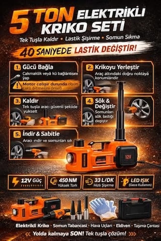 5 Ton Elektrikli Kriko Seti 12v, 3'ü 1 Arada Hidrolik Araç Krikosu Somun Sıkma Tabancası Hava Kompresörü, 450nm To
