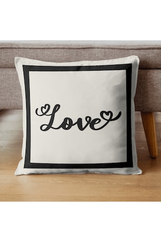 Love Kalp Desenli Dekoratif Kırlent Kılıfı Krem