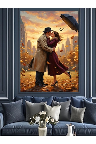 Ahşap Tablo Sonbahar Yaprakları Ve Romantik Çift