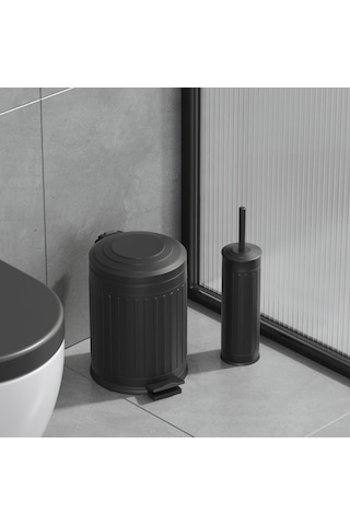 Aqua Bagno Midas Klozet Fırçası + Çöp Kovası 5 Lt -2 Parça Set, Mat Siyah Siyah