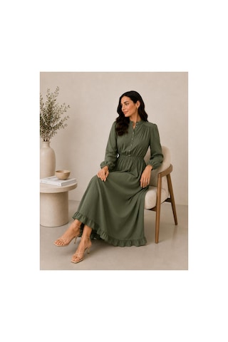 Hira Life Fashion Kadın Çilek Kumaş Ve Önü Düğmeli Eteği Fırfırlı Hakim Yaka Elbise Haki Haki