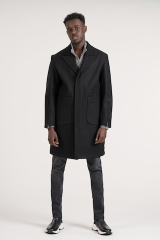 Yarı Oversize Torba Cep Mono Yaka Arkası Şişme Uzun Kaşe Kaban Siyah