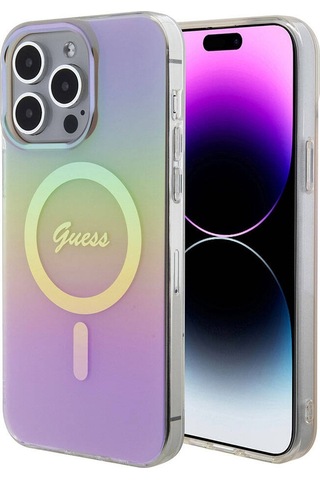 Apple Uyumlu iPhone 15 Pro Max Kılıf Guess Lisans Magsafe Şarj Özellik Yazı Logo Iridescent Siyah