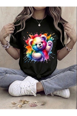 Sulu Boya Efektli Teddy Bear Baskılı Kompak T-shirt Siyah