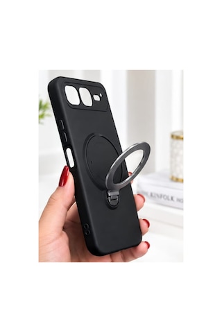 İnfinix Smart 10 Plus İle Uyumlu 360 Derece Dönebilen Kalın Metal Magsafe Halka Stantlı İçi Kadife Korumalı Ultra Lüx Premium Silikon Kılıf Siyah