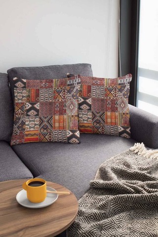 Turuncu Patchwork Çift Taraflı Yastık Kırlent Kılıfı Krl168n11