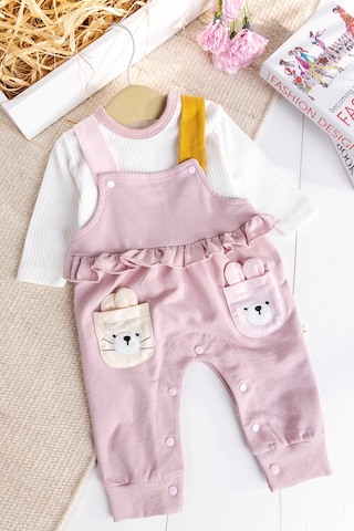 Baby Mod Tavşan Fiğürlü100% Pamuk Kız Bebek Salopet 2'li Tulum Gülkurusu
