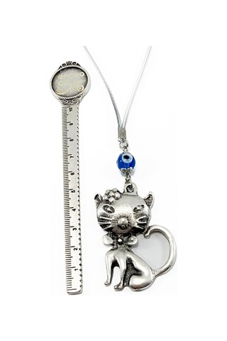 El Yapımı Lacivert Cam Nazar Boncuğu Metal Kedi Dikiz Ayna Süsü /