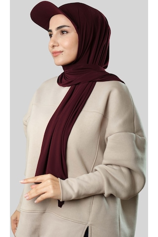 Hürrem Bone Bordo Pratik Hazır Geçmeli Şapkalı Tesettür Şal Sandy Düz 3008 16