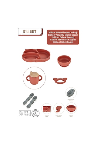 5'li Silikon Set / Bölmeli Mama Tabağı / Kase / Bardak / Diş Kaşıyıcı / Mama Kaşığı - Kiremit Rengi Kiremit