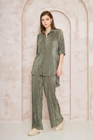 Kadın Pliseli Beli Lastikli Pantolon Tunik Gömlek Ikili Bürümcük Salaş Takım 3573300 Haki