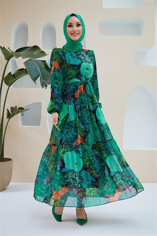 Neşeli Butik Kadın Yeşil Kemerli Tesettür Şifon Elbise Sms025 Yeşil