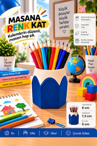 Kalemlik Renkli Kurşun Kalem Tasarımlı, 3d Baskı Mavi