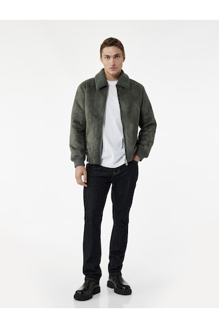 Koton Peluş Yaka Fermuarlı Slim Fit Uzun Kollu Kışlık Suni Süet Ceket Yeşil 6wam20161hw Yeşil
