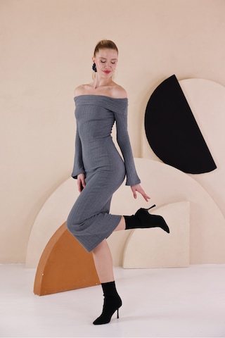 Madonna Yaka Dar Kalıp Uzun Kollu Elbise Füme