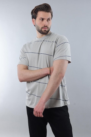 Madmext Boyalı Gri Bisiklet Yaka Basic Çizgili Erkek T-shirt E7102 Boyalı Gri