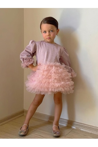 Linola Baby Kids Lucky Tütü Etekli Uzun Kollu Elbise Pudra