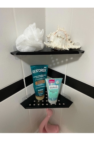 Kitaro Kendinden Yapışkanlı Köşe Şampuanlık Setsiz Mat Siyah İki Katlı Siyah