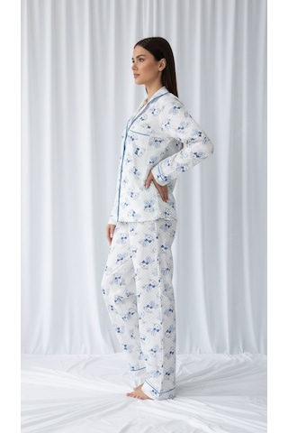 Divinus Tavşan Desenli Gömlek Yakalı Beyaz/mavi Kadın Pijama Takımı Beyaz - Mavi