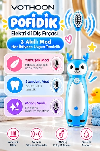 Pofidik Çocuklar İçin Şarjlı Elektrikli Diş Fırçası 3 Modlu Titreşimli Şarjlı Yedek Başlık Hediyeli