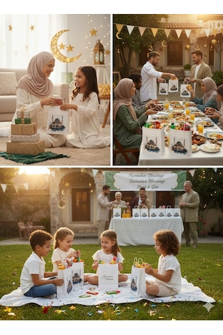 Ramazan Hediyelik Paketleme Çantası, 3lü Paket, Cami Tasarımlı Be