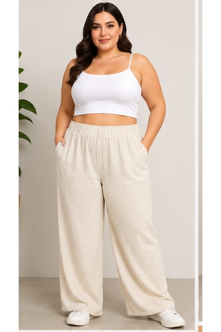 Cocosushicooo Büyük Beden Rahat Pantolon Kadın Bol Paça Lastikli Bej Pantolon Krem