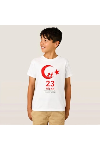 Alfanora Çocuk 23 Nisan Ulusal Egemenlik Ve Çocuk Bayramı Baskılı Bisiklet Yaka T-shirt - Beyaz