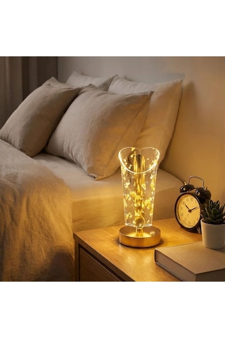 Buffer Açık Silindirik Kristal Altın Toz Model Led Masa Lambası Gold Tabanlı, Dokunmatik, Renkli