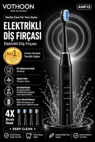 Şarjlı Diş Fırçası 15000 Vpm Titreşim Gücü, 500mah Batarya, 5 Temizlik Modu Siyah